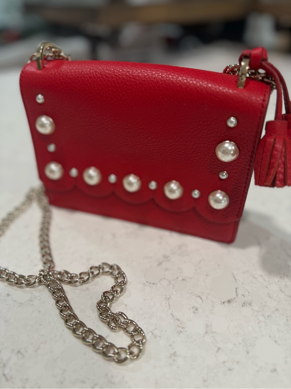 kate spade Red Pearl-Embellished Leather Crossbody with Tassel